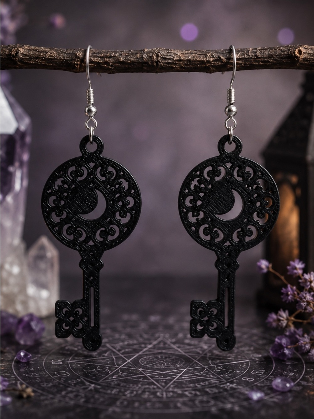 Black Moon Key Dangle Earrings - Women Jewelry